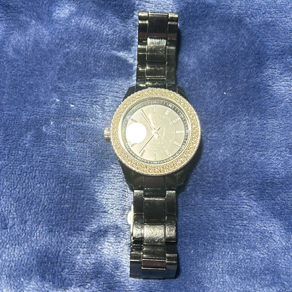 Fossil Black & Silver Watch with Crystal Accents